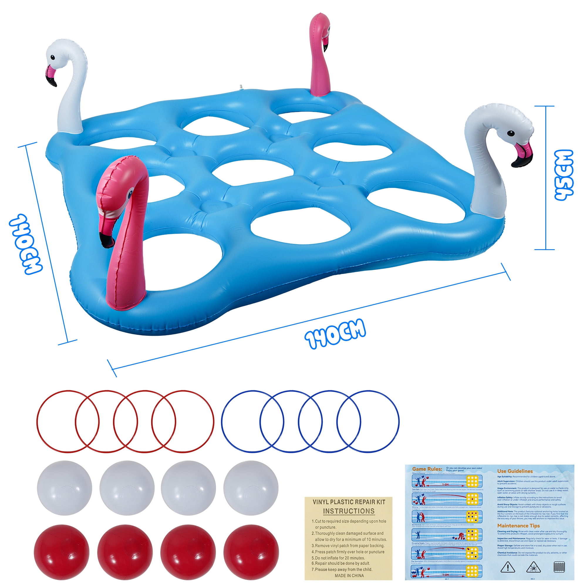Vecukty 55.2in x 55.2in Flamingo Inflatable Pool Float Tic-Tac-Toe Game Set with 10 Balls & 4 Rings for Pool Beach Party Water Games, Unisex