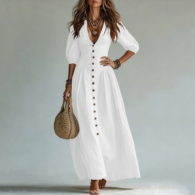 Qulqfy White Dresses for Women Cotton Boho Maxi Casual 3/4 Sleeve V-Neck Button Elegant Sexy Plain Beach Long Dresses L