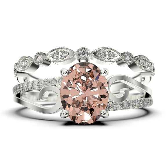 Gorgeous Art nouvea 2.00 Carat Oval Cut Morganite And Diamond Moissanite Twirled Style Engagement Ring, Wedding Ring in 925 Sterling Silver With 18k White Gold Plating Gift For Her, Bridal Set