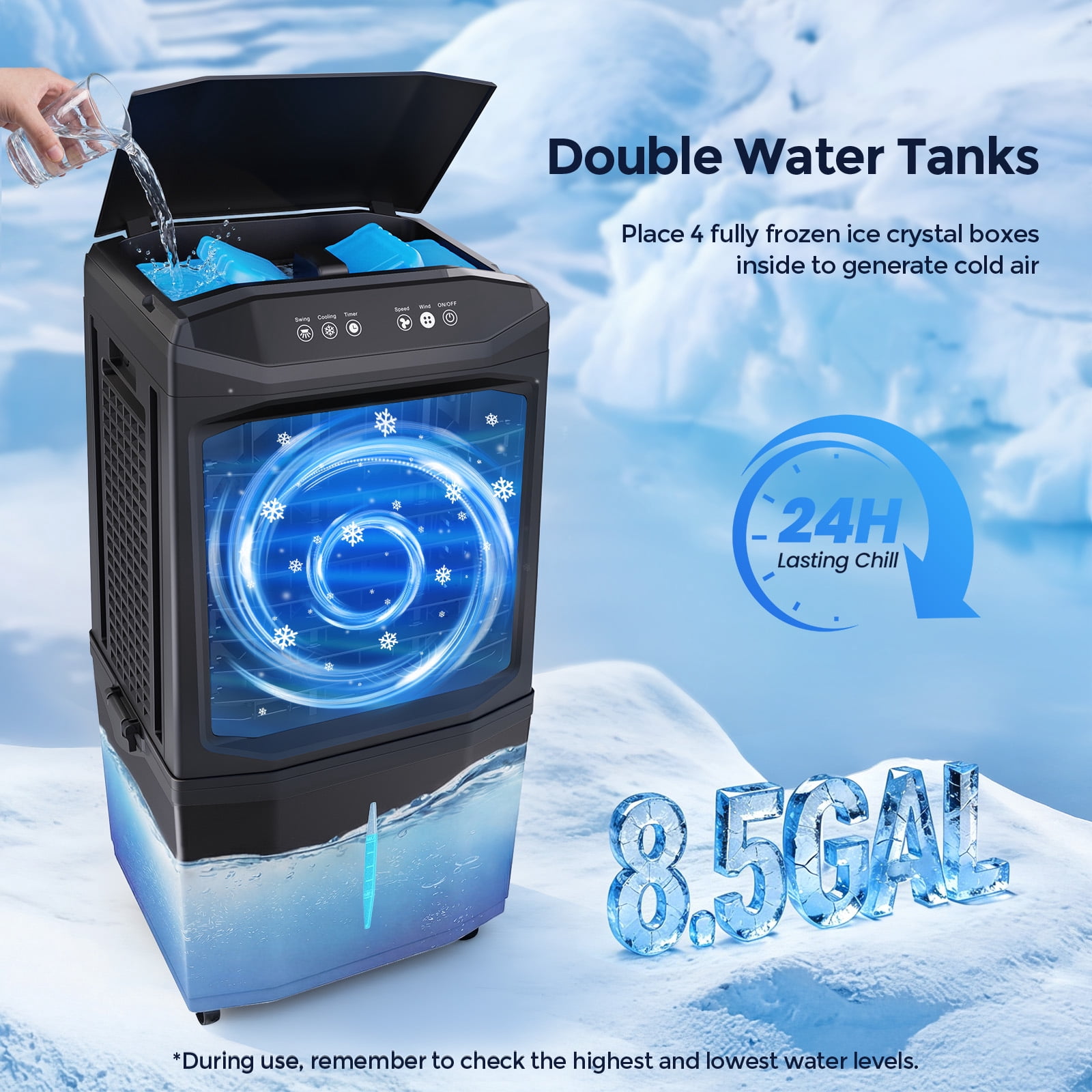 Evaporative Air Cooler,1500 CFM Portable Air Cooler Fan with 4 Ice Packs, 8.5 Gallon Tank, 90° Oscillation, Remote, 12H Timer, Quiet 38dB,Black