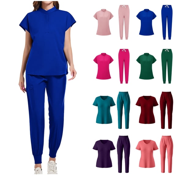QATAINLAV Scrubs Sets for Women with Jogger Pants Casual Mock Neck Short Sleeve Scrub Tops Medical Uniform Two Piece Outfits Hot Pink XL