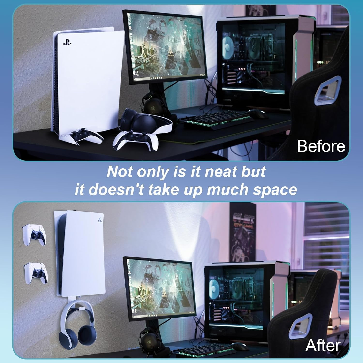 PS5 Wall Mount, Heavy-Duty Steel Mount Kit for Protection & Cooling with 2 Controller Holder and Headset Holder,Compatible with All PS5 Models Including Slim, Pro, Original, White