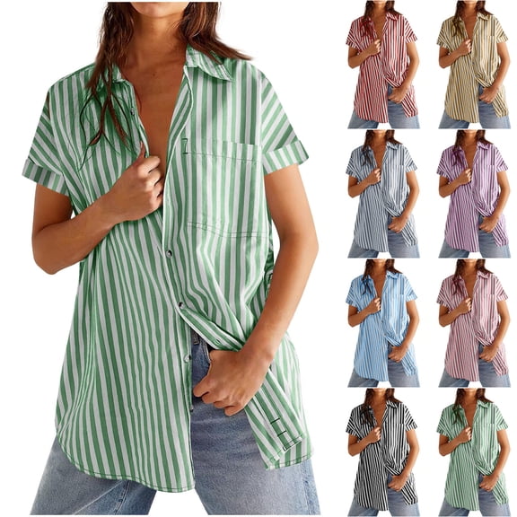 FNFYFH Womens Striped Button Down Shirts Short Sleeve Dress Shirt Collared Button-up Work Blouse Beach Vacation Outfits