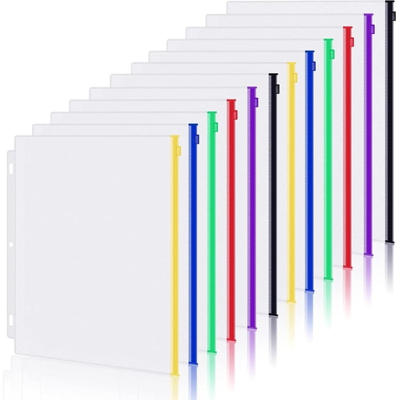 12 Pack Letter Size Binder Pockets 3 Ring Binder Multicolor Zipper Pouches Document Organizer, PVC 3-Hole Loose Leaf File Folders Insert Sleeves Page Sheet Protectors Business Office Supplies
