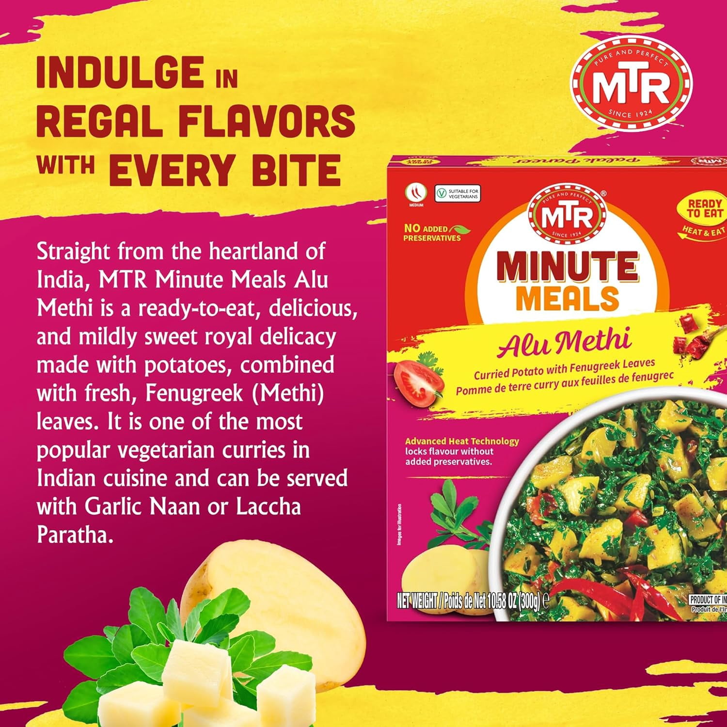 MTR Alu Methi (300g, Pack of 6) – Ready-to-Eat Indian Meal with Potato & Fenugreek, Plant-Based, No Preservatives, Microwavable, Nutritious & Flavorful