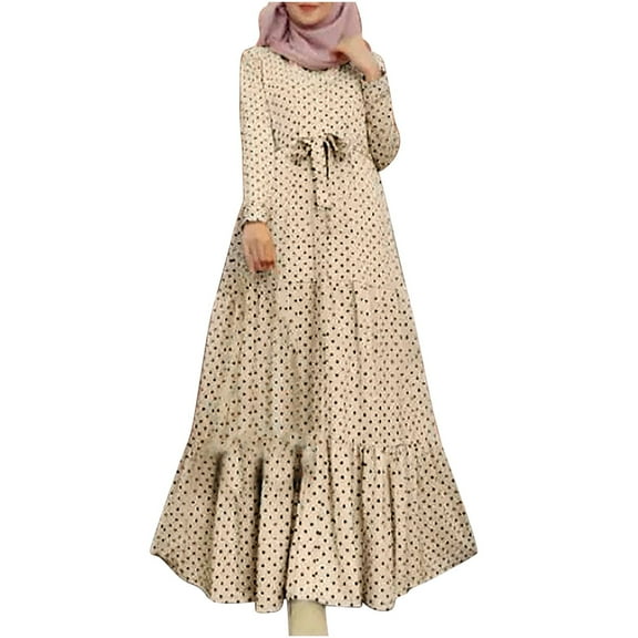 Awdenio Womens Flowy Long Sleeve Dresses on Sale Women's Fashion Round Neck Loose Long Sleeve Dots Ankle-Dress Swing Long Dress