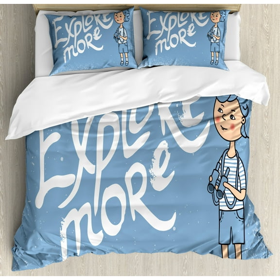 Explore Queen Size Duvet Cover Set, Cartoon Boy with Binoculars on Grunge Style Background Childhood Theme, Decorative 3 Piece Bedding Set with 2 Pillow Shams, Pale Blue Peach White, by Ambesonne