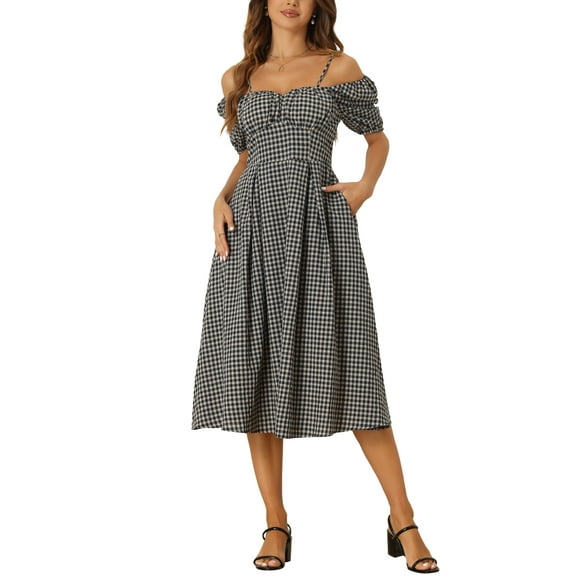 Allegra K Vintage Gingham Dress for Women's Spaghetti Straps Off Shoulder Swing Plaid Dress