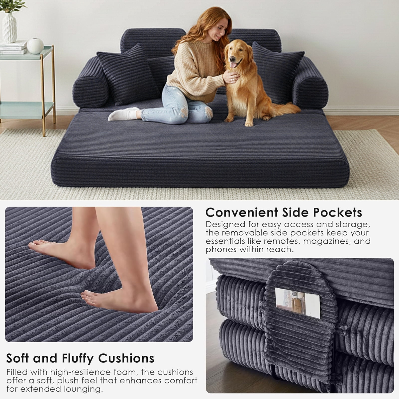 Convertible Sleeper Sofa Bed, 78.5" Modern Futon Sofa Bed for Living Room, Foldable Loveseat Sofa with Memory Foam, Corduroy Floor Mattress Couch, No Assembly Required (Dark Grey)