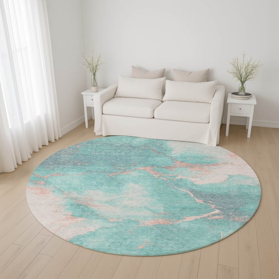 Addison Rugs Mayfield Premium Machine Washable Transitional Abstract Teal Round Rug, 8' x 8'