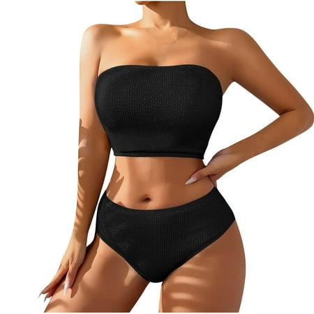 Oplxuo Women s High Waisted Bikini Sets Sexy Strapless Bandeau Swimsuits Cheeky Knitted 2 Piece Bathing Suits