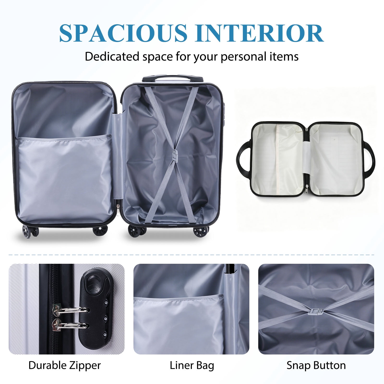 20" Carry On Luggage and 14" Mini Cosmetic Cases Travel Set Lightweight Polypropylene Suitcase with Lock YKK Zipper Hardside Luggage with Spinner Wheels (2 Piece Set, Grey)