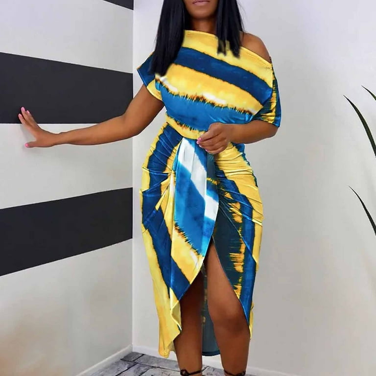 RQYYD Women Off The Shoulder Tie Dye Bodycon Midi Dress Casual Striped Printed Crewneck Short Sleeve Front Twist Dresses Walmart