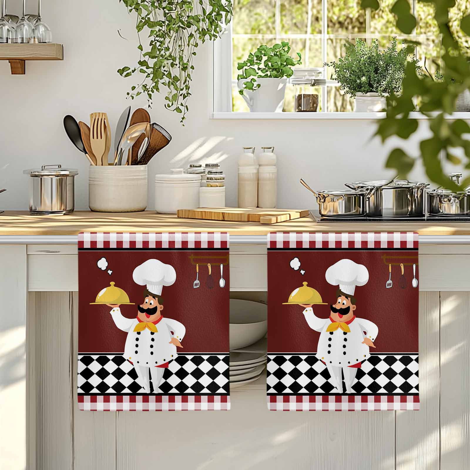 Fat Chef Kitchen Towels Set of 3, Red Gourmet Kitchen Red Black Buffalo Plaid Soft Microfiber Dish Towels, Absorbent Quick-Dry Washable Dishcloths for Kitchen Cleaning, Drying Dishes, 18x28 Inches