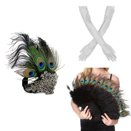 1920s' Vintage Flapper Accessories Costumes Set Peacock Headband, Sliver Gloves Peacock Feather Fan for Halloween