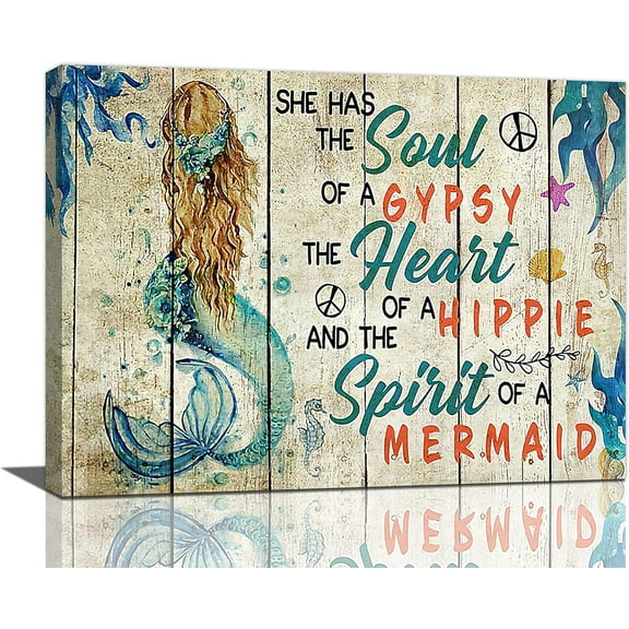 Mermaid Wall Art Motivational Mermaid Canvas Prints Painting Ocean Theme Little Sea Life Pictures Framed Artwork Home Decor for Bathroom Dining Living Room 16"x12"