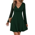 thumbnail image 2 of Womens Fall Long Sleeve Mini Dress Wrap V Neck Flowy Swing A-Line Casual Dressy Business Work Dresses Green S, 2 of 8