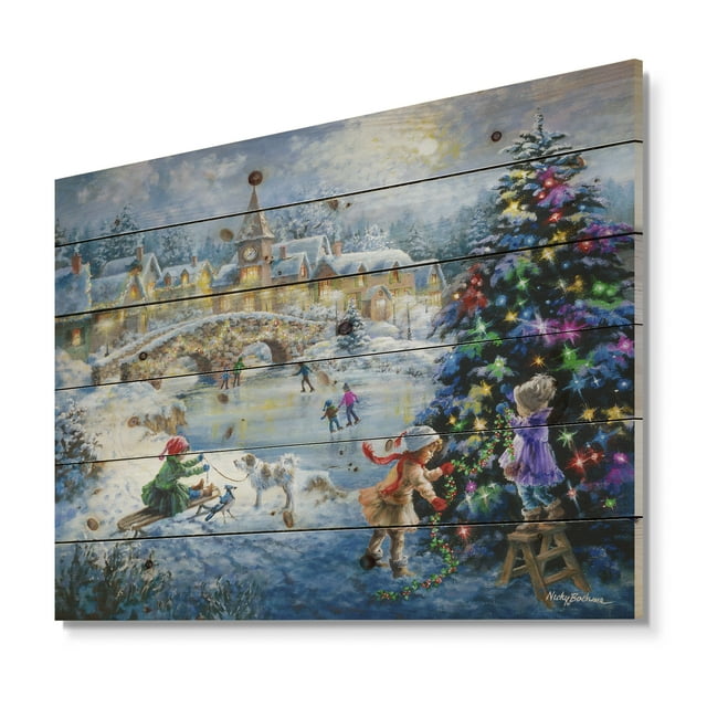Design Art - Christmas tree decorating sledding children