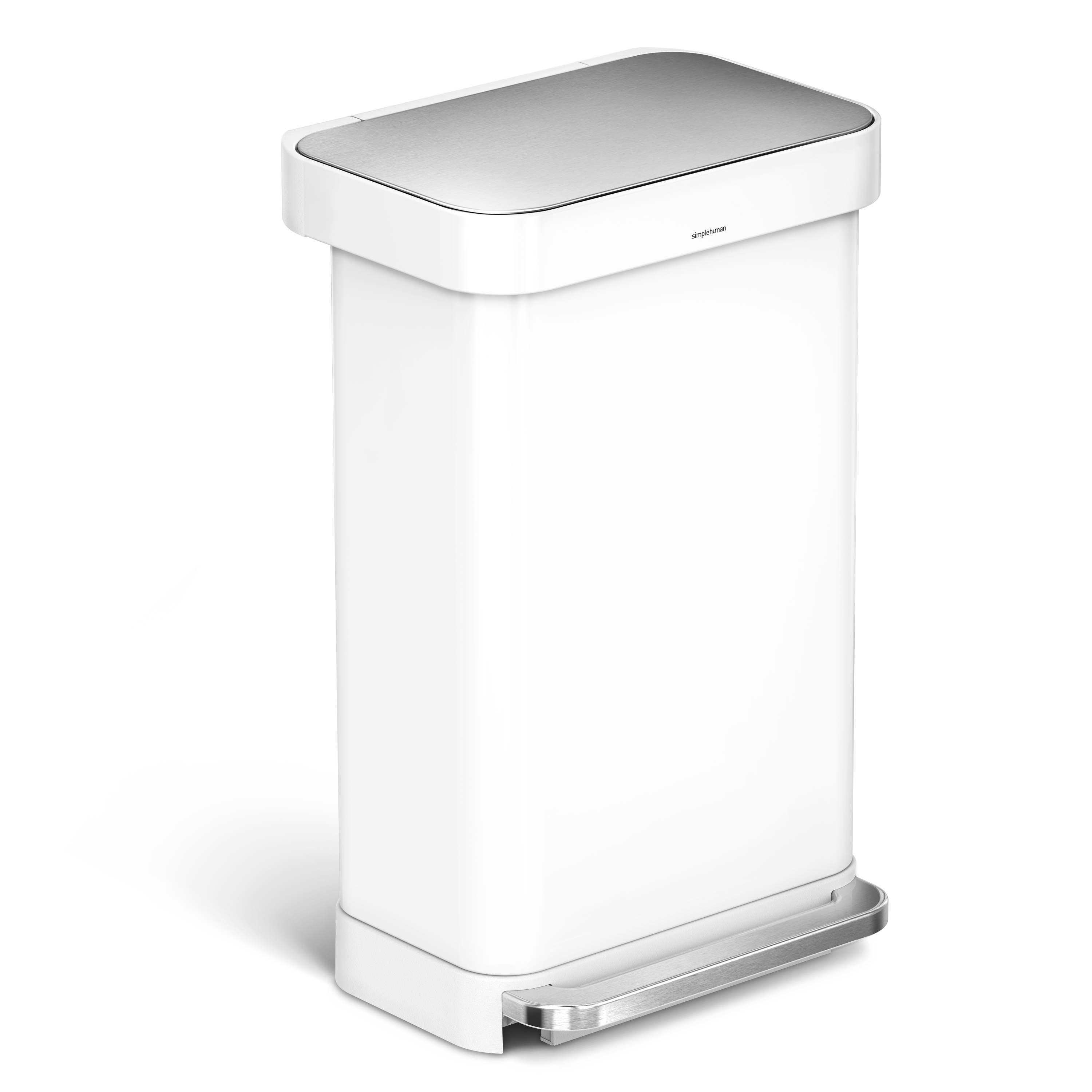simplehuman 45 Liter Rectangular Kitchen Step Trash Can, White Steel