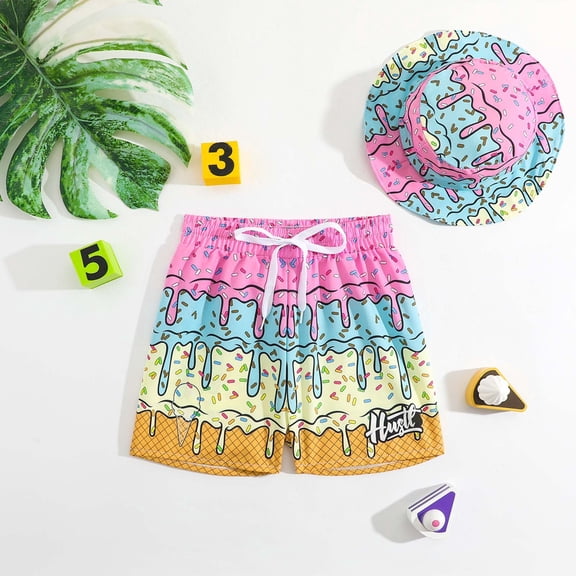 Baby Swimsuit Boy Boys Ice Cream Print Swim Trunks with Cap Boys Bathing Suit Multicolour 9-12 Months