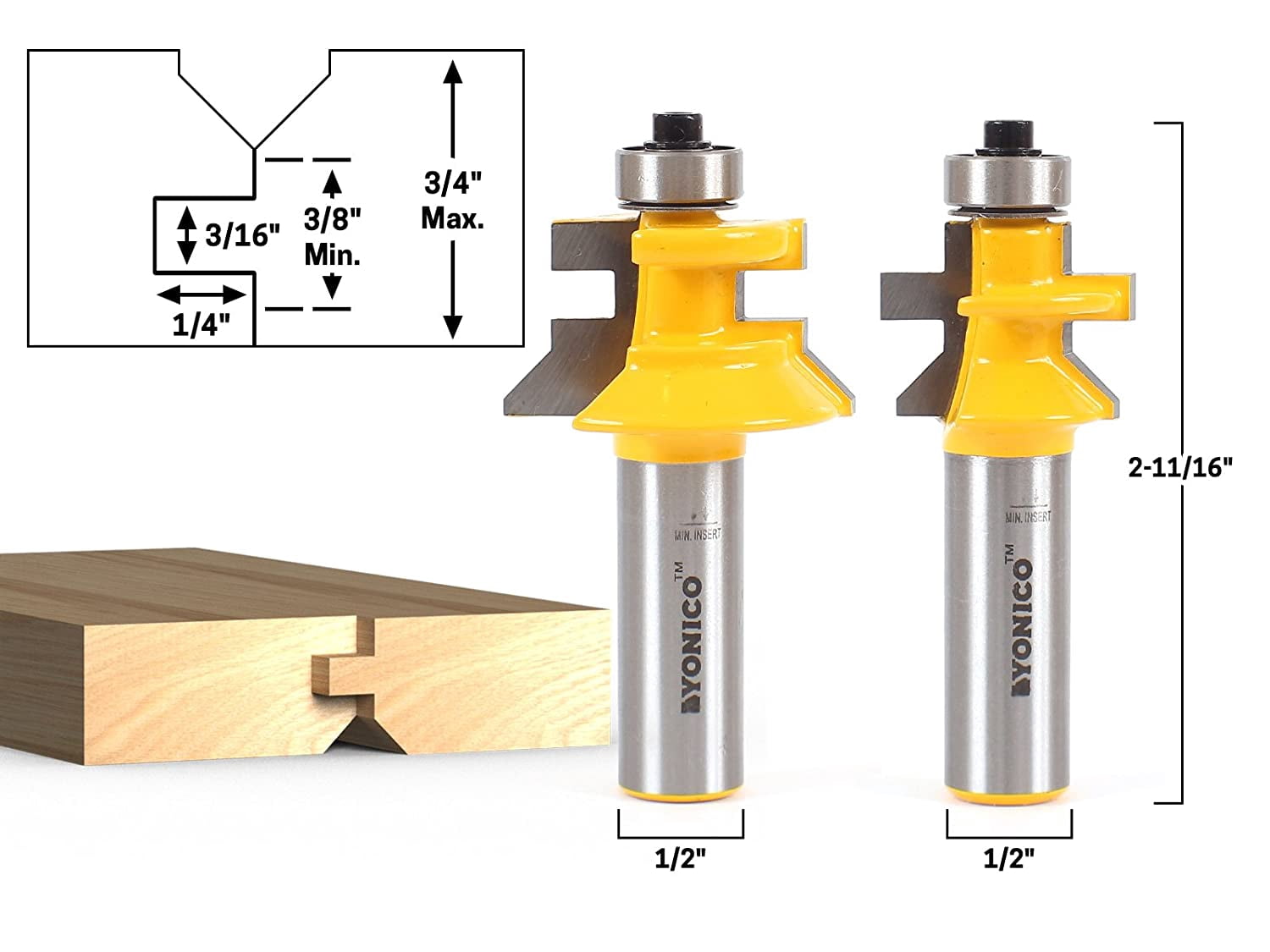 Yonico Router Bits Set Tongue and Groove Flooring 2 Bit Flooring 1/2-Inch Shank 15229 V-Notch - Small - 1/2" Shank