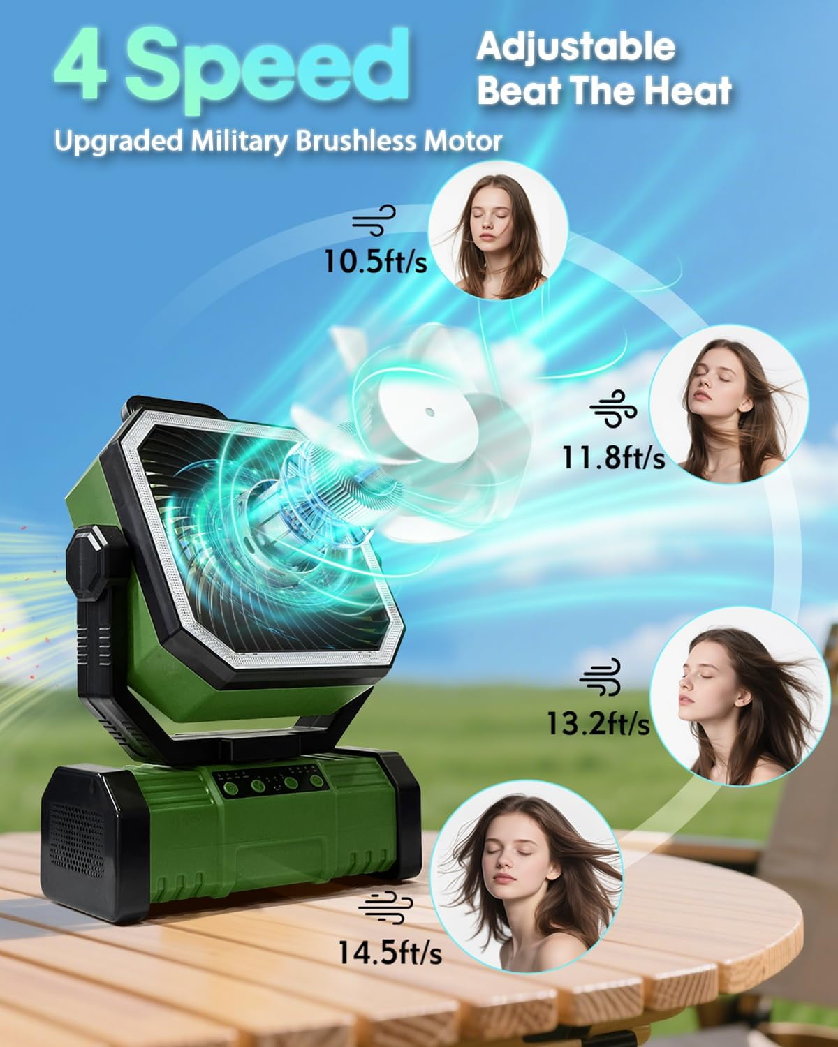 SuperRGB Portable Camping Fan, 20000mAh Rechargeable Battery Operated Fan with Bluetooth Speaker, LED Light & Remote, 4 Speeds, Timer & Hook for Tent, Outdoor, Travel, Green