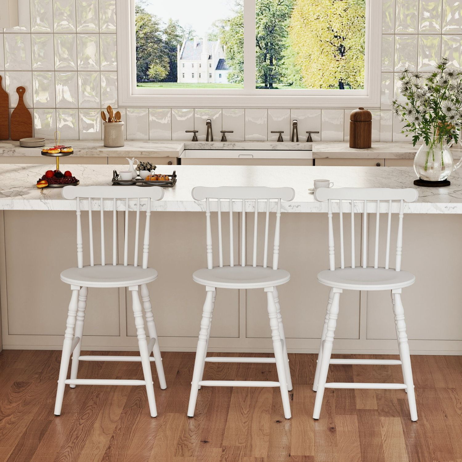 Dayalane 24" Windsor Bar Stools Set of 3, Antique-style Counter Height Barstools with Spindle Back & Turned Legs, Rustic Vintage Colonial Wooden Island chair for Kitchen/Breakfast Bar/Home Pub, White