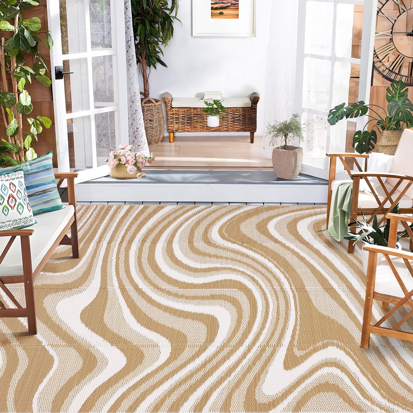 Hasoo 10' x 14' Brown/White Outdoor Rug for Patio Decor Waterproof Plastic Straw Modern Geometric Carpet PP Tube Woven Portable Camping Mat for Picnic Balcony