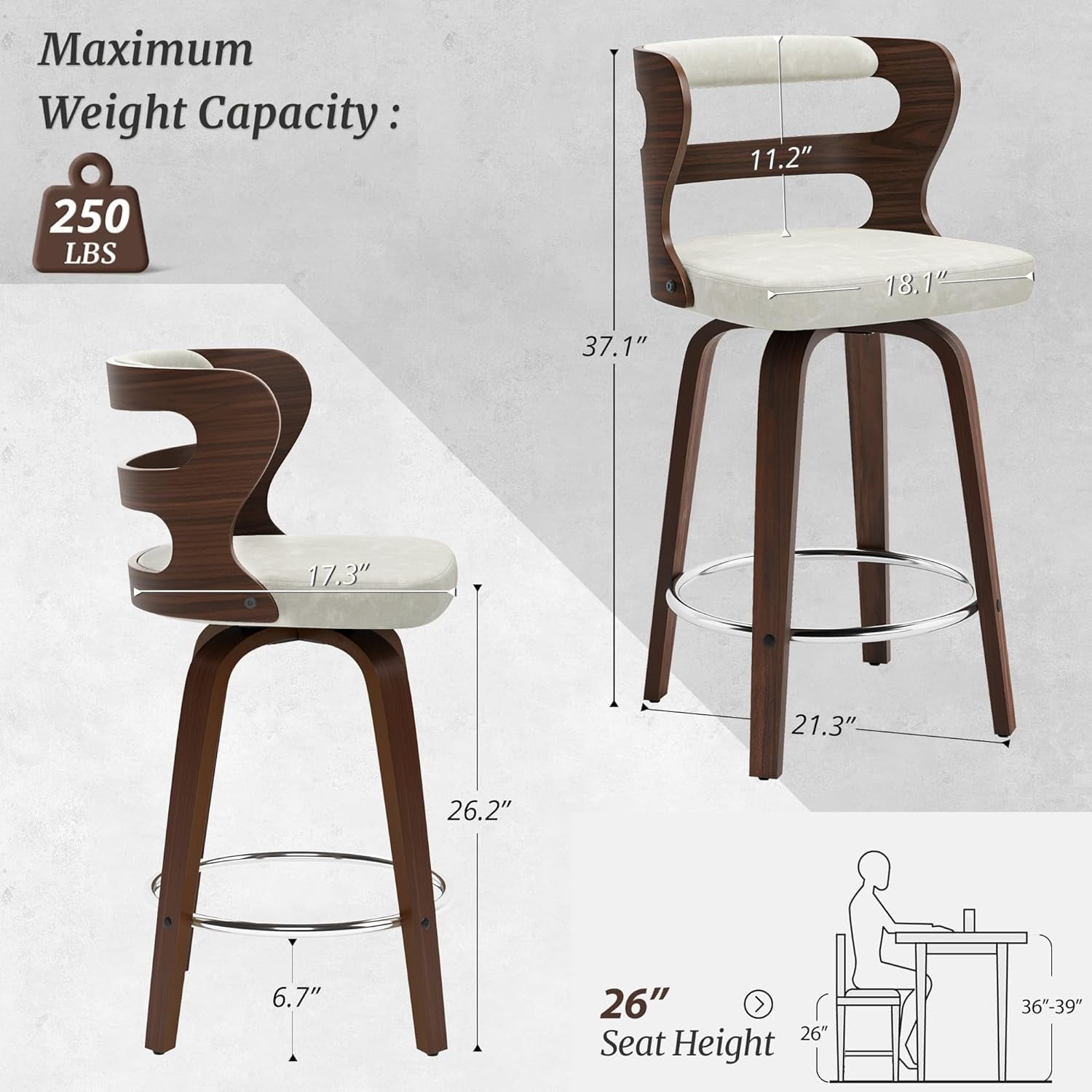Dycanpo 26" Counter Height Bar Stools, Swivel Counter Stools with Back for Kitchen Island, Light Beige Gray