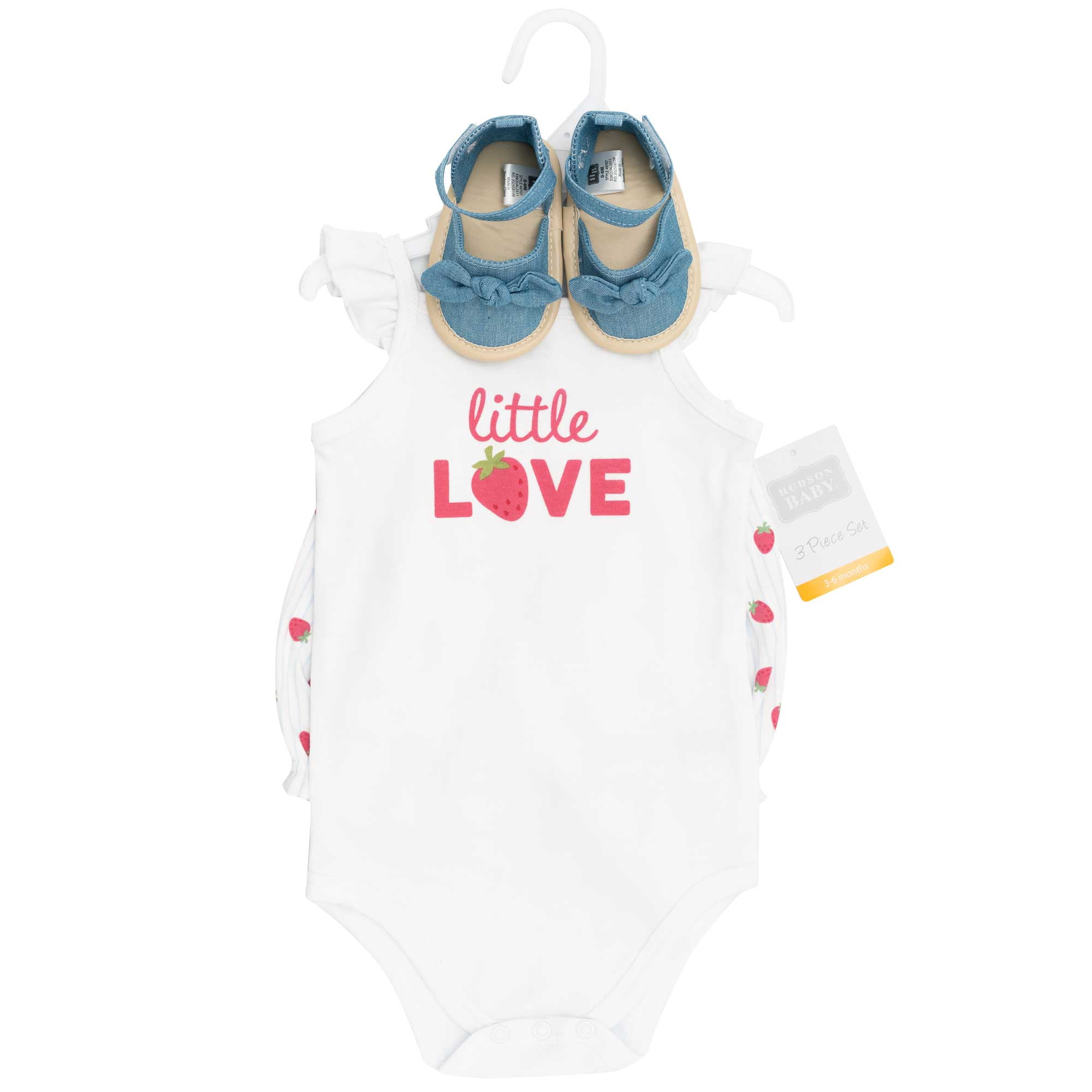 Hudson Baby Girl Cotton Bodysuit, Shorts and Shoe Set, Hot Pink Strawberry Love, 6-9 Months