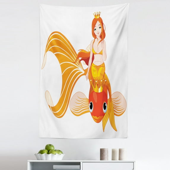 Mermaid Tapestry, Cartoon Mermaid Riding on Goldfish Swimming Animals Happy, Fabric Wall Hanging Decor for Bedroom Living Room Dorm, 5 Sizes, Orange Marigold White, by Ambesonne
