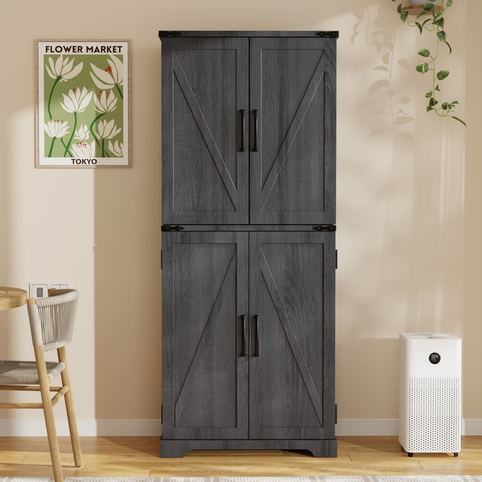 ACCOHOHO 72" Tall Kitchen Pantry Cabinets, Farmhouse Storage Cabinet with Barn Door, Drawer & Adjustable Shelves for Kitchen, Dining Room, Bathroom, Black