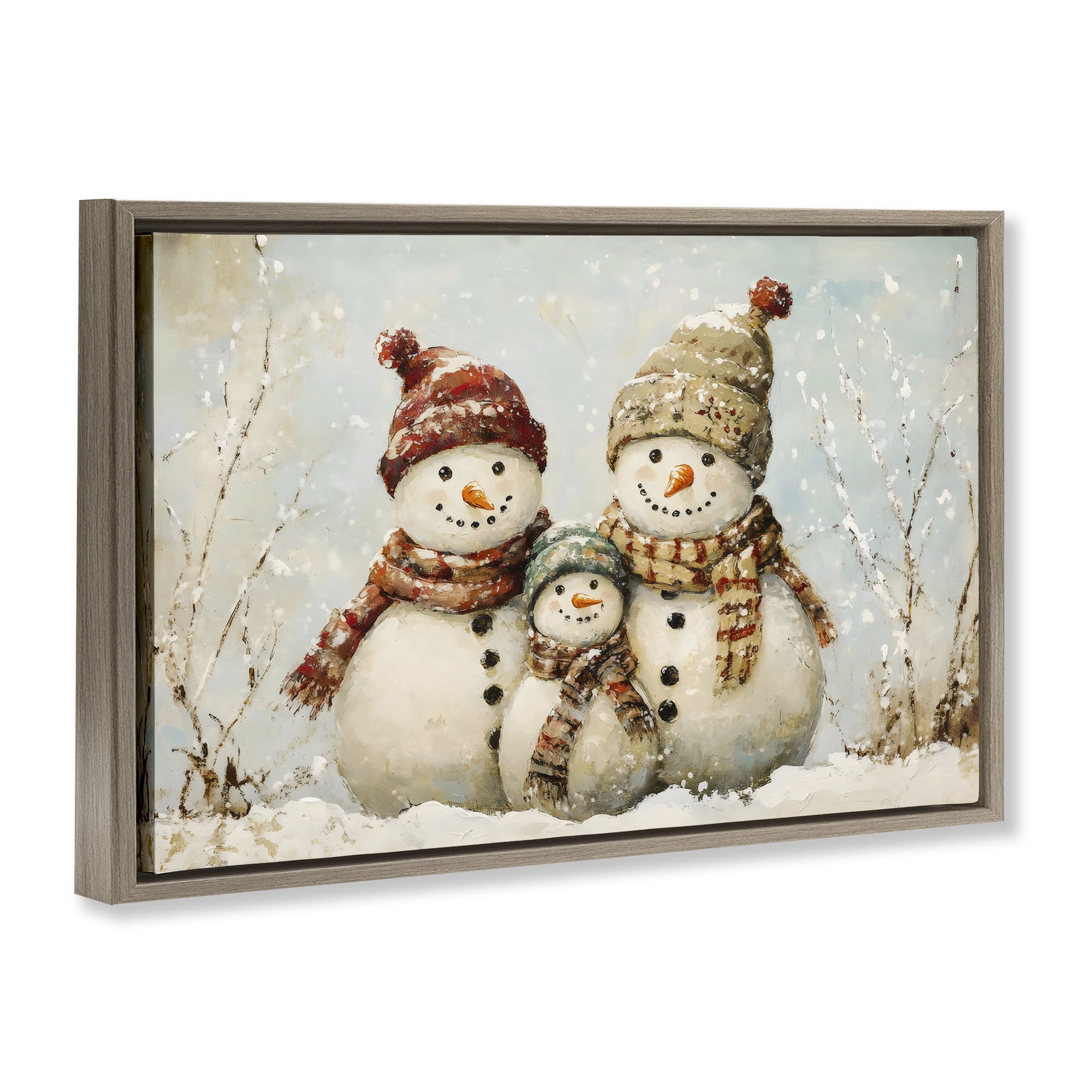Snowman Family Of Three Brown Framed Floater Canvas Wall Art, design by Petal Prints Design