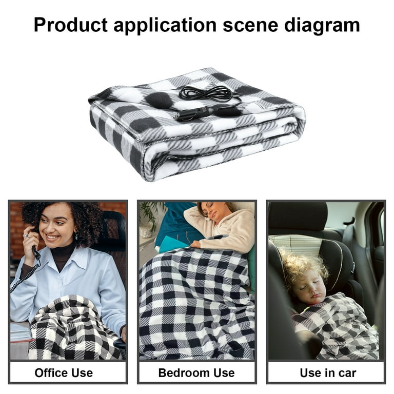 Electric Car Blanket 12 Volt Portable Heated Blanket Warm Travel Blanket  for Cold Weather, Road Trip （Black/White Plaid） 