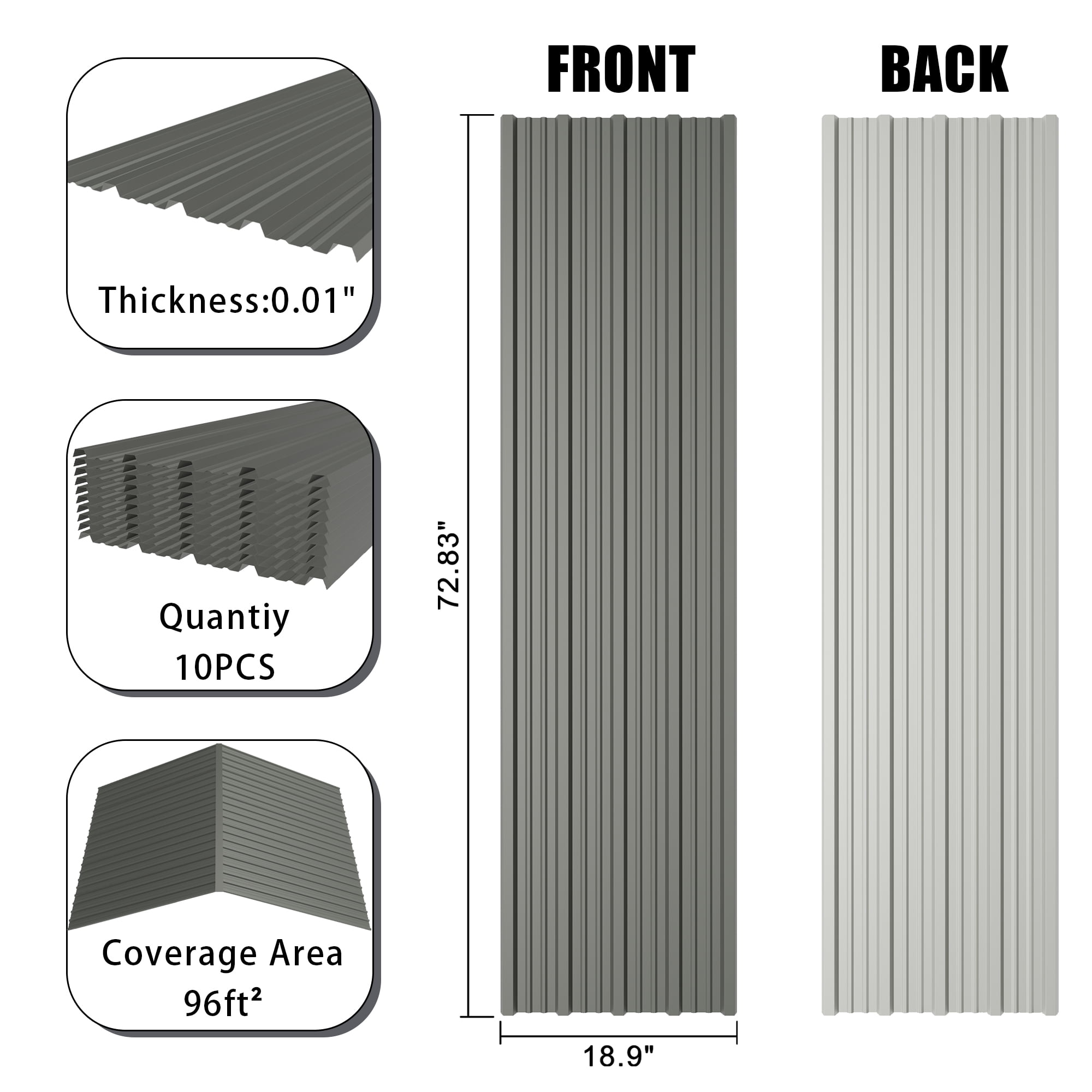 Leumius 10 Pcs Galvanized Steel Corrugated Roof Panels 18.9''x 72.85'',Heavy Duty Metal Waterproof Roofing Sheets for Outdoor House Garages Sheds Pergola Gazebo Chicken Coop Stables,Grey