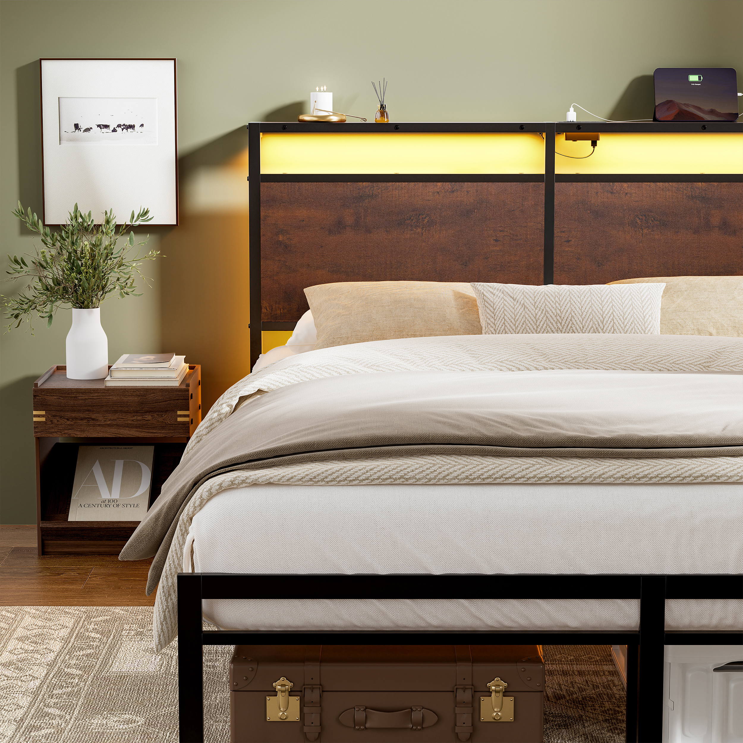 GUNAITO Full Size Bed Frame with Headboard Metal Platform Bed with LED Lights and Charging Station, Rustic Brown