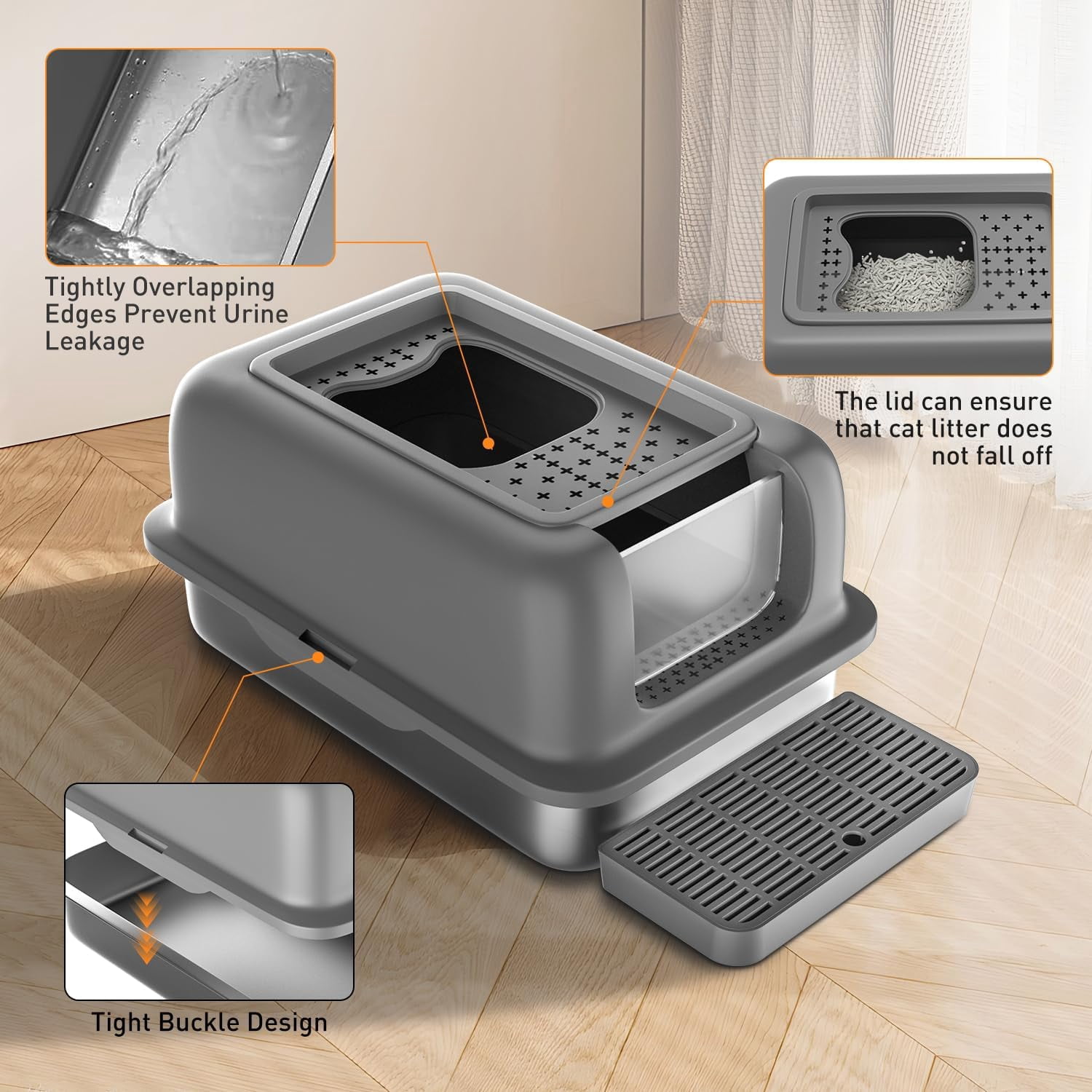 Stainless Steel Litter Box Large Metal Cat Litter Box with Lid Metal Litter Box High Wall Sides Enclosure,Non-Sticky,Anti-Leakage,Easy Cleaning