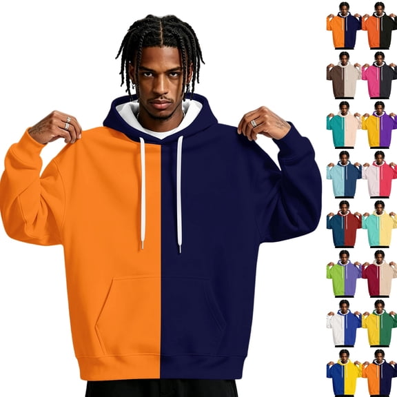 Men's Split Color Block Hoodie, Long Sleeve Drawstring Pullover Sweatshirt with Front Kangaroo Pocket, Stylish Loose Fit Streetwear Hooded Top for Casual Daily Outdoor Wear Blue 3XL