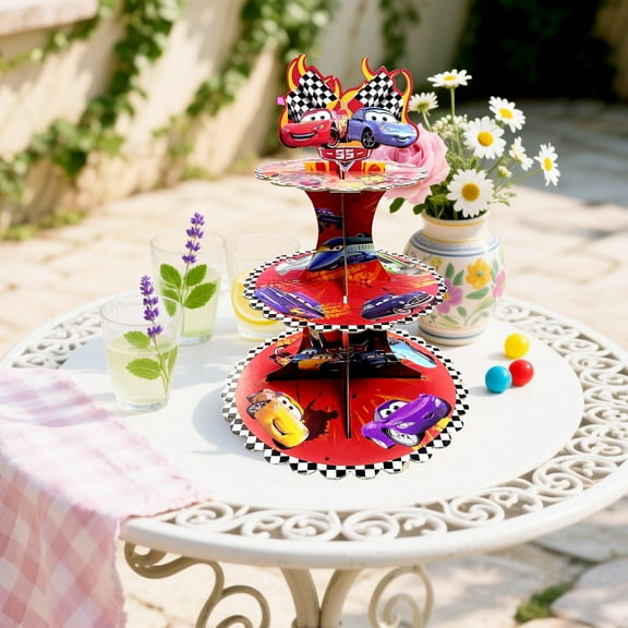 Cars Themed 3-Tier Dessert Cupcake Stand,Cake Decorative Serving Tray Stand Cardboard Cupcake Tower for Party Decorations.