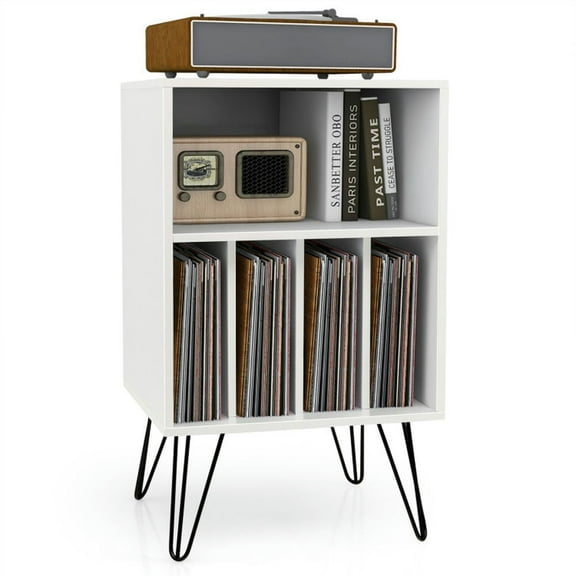 Kepooman File Storage Organizer,File Cabinet,Freestanding Record Player Stand Record Storage Cabinet with Metal Legs-White