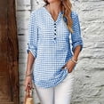 thumbnail image 2 of Turilly Women's Gingham Plaid Button-Up Shirt, V-Neck 3/4 Sleeve Tunic Top with Roll Up Tab Sleeves Casual Spring Blouse, 2 of 6