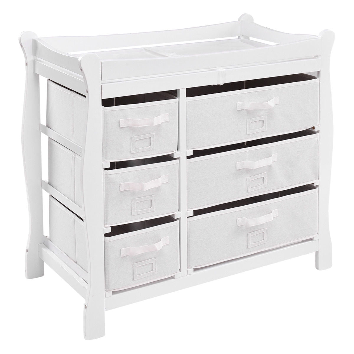 sleigh style baby changing table with 6 storage baskets and pad