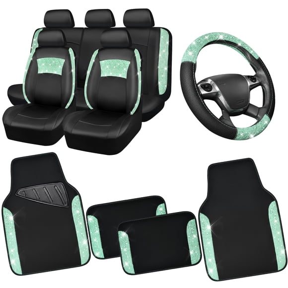 CAR PASS Universal Mint Leather Lace Car Seat Covers Full Set for Women Girls, Waterproof Car Floor Mats Carpet, Glitter Steering Wheel Cover for Car Accessories Interior Sets,10PCS Included