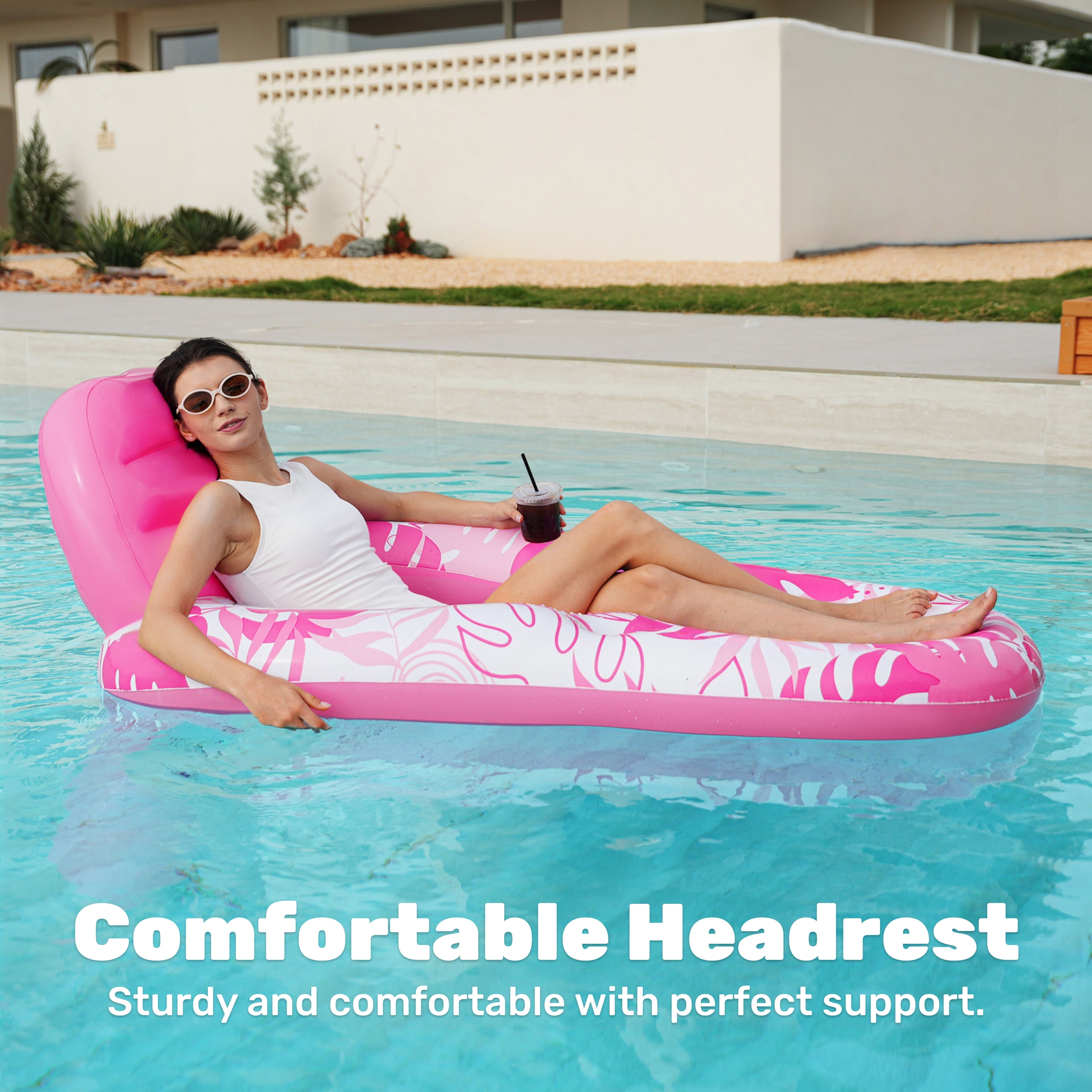 Joyfy Pool Lounge Float for Adult, Inflatable Pool Floats Lounger Raft Floaties with Cup Holders Foot Rest Swimming Floaty