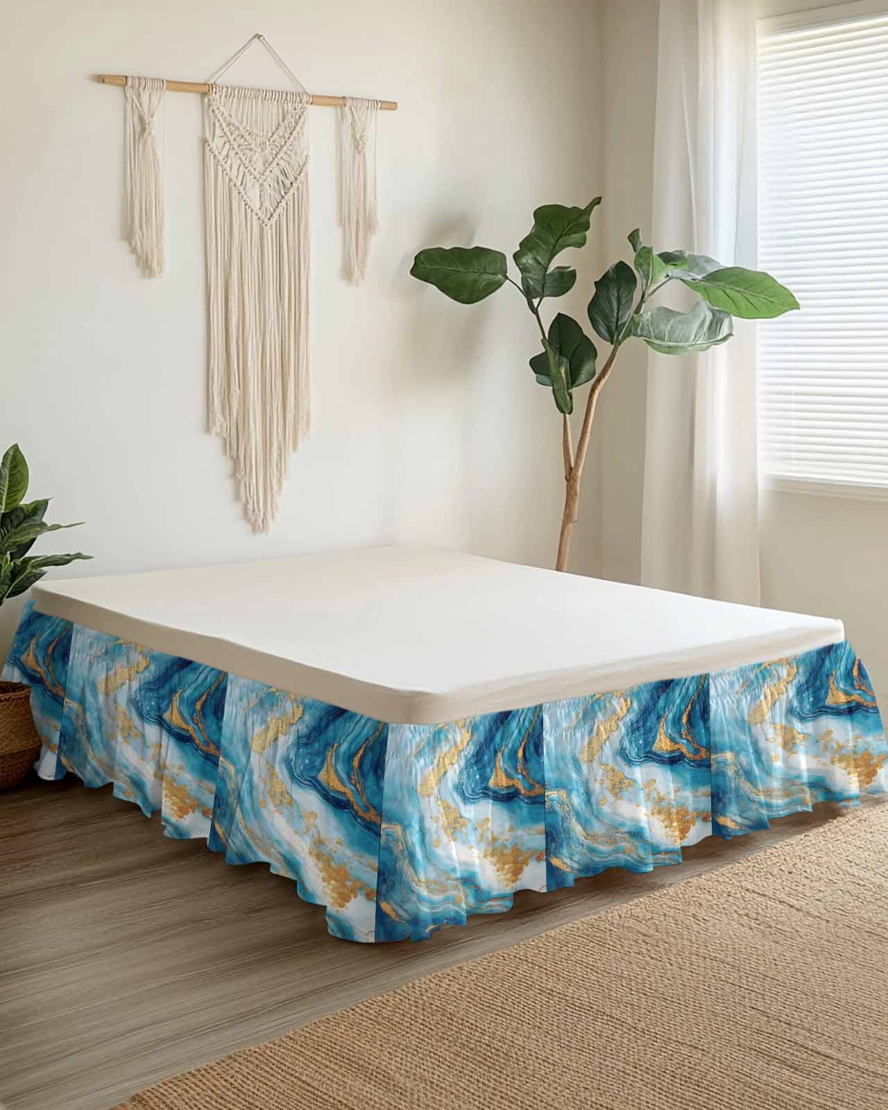 Blue Marble Wrap Around Bed Skirts for Queen Bed 16" Drop,Bed Skirt with Adjustable Elastic Belt Dust Ruffle Bed Valance for Bedroom Hotel Luxury Luxury Yellow Modern Ink Painting Art Bed Frame Cover