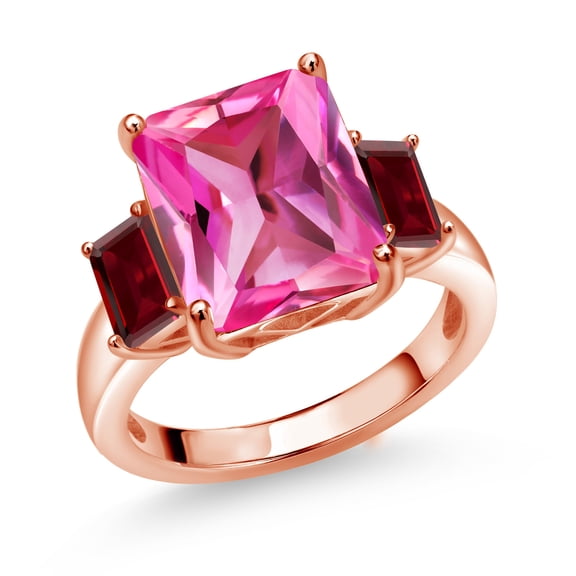 Gem Stone King 8.20 Ct Octagon Pink Created Sapphire Red Garnet 18K Rose Gold Plated Silver 3-Stone Ring (Size 9)