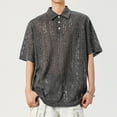 thumbnail image 2 of YLSDY Men Hollow Out Knit Crochet Shirt Summer Short Sleeve Lapel Collar Button Down T Shirts Hawaiian Beach Vacation Top Dark Gray L, 2 of 4