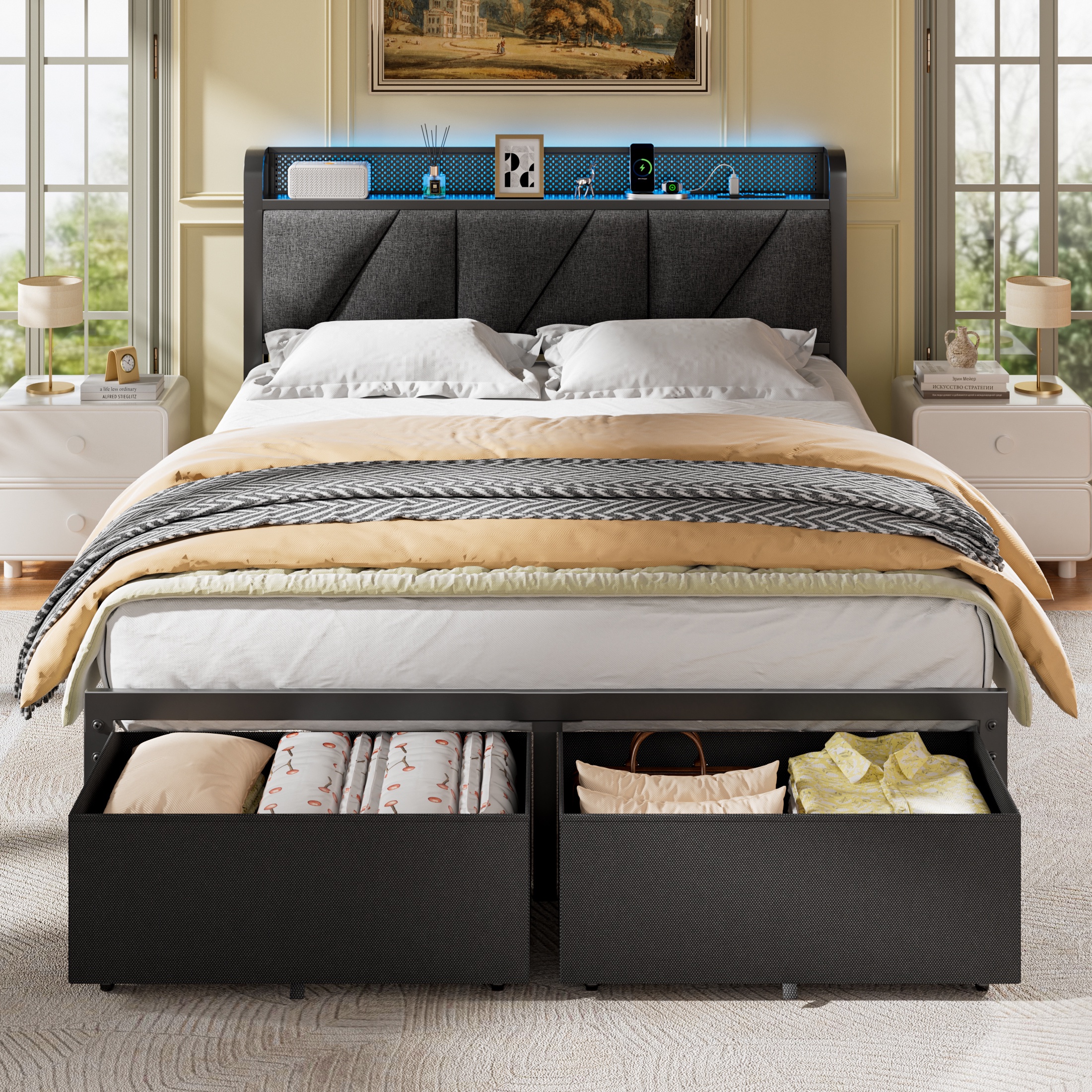 Satifur Queen Bed with Storage Drawers, LED Lights & Charging photo 1