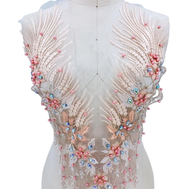 Moyic Apliques de encaje para corpiño de boda DIY o accesorio de vestido de baile cuentas 3D bordadas con diamantes de imitación Artesanía Rosa champán A