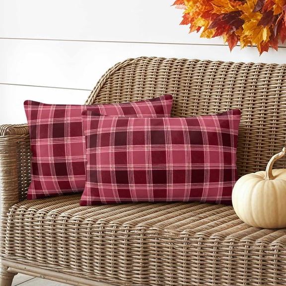 Outdoor Waterproof Throw Pillow Cover Modern Dark Red Lattice Tartan Decorative Pillow Covers 20x12inch Set of 2 Pillows Case, Christmas Buffalo Plaid Cushion Cases for Sofa Couch Patio Garden